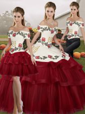 Modern Sleeveless Brush Train Lace Up Embroidery and Ruffled Layers Vestidos de Quinceanera