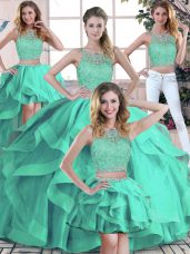 Excellent Turquoise Scoop Zipper Beading and Ruffles Sweet 16 Dress Sleeveless
