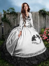 Sleeveless Satin Floor Length Lace Up Sweet 16 Dresses in White And Black with Embroidery and Ruffles