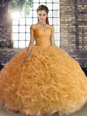 Delicate Gold Fabric With Rolling Flowers Lace Up 15 Quinceanera Dress Sleeveless Floor Length Beading