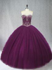 Sleeveless Tulle Floor Length Lace Up 15 Quinceanera Dress in Dark Purple with Beading
