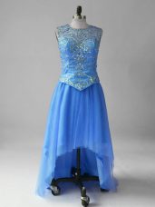 Hot Sale Blue Empire Scoop Sleeveless Tulle High Low Brush Train Lace Up Beading Runway Inspired Dress