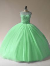 Latest Tulle Scoop Sleeveless Lace Up Beading Vestidos de Quinceanera in