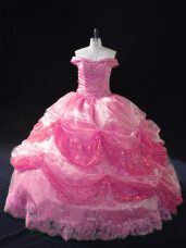 Rose Pink Lace Up Off The Shoulder Beading and Sequins Sweet 16 Dresses Organza Sleeveless