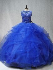 Flirting Royal Blue 15th Birthday Dress Scoop Sleeveless Brush Train Lace Up