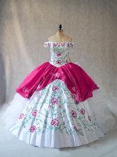 Pink And White Off The Shoulder Lace Up Embroidery and Ruffles Quinceanera Dresses Sleeveless