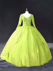 Noble Yellow Green Lace Up 15th Birthday Dress Lace and Appliques Long Sleeves Floor Length