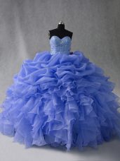 Blue Ball Gowns Beading and Ruffles and Pick Ups Sweet 16 Dress Lace Up Organza Sleeveless Floor Length