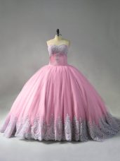 Pink Sweetheart Neckline Beading and Appliques Sweet 16 Quinceanera Dress Sleeveless Lace Up