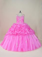 Glorious Baby Pink Ball Gowns Straps Sleeveless Organza and Taffeta Brush Train Lace Up Beading and Appliques and Pick Ups Sweet 16 Quinceanera Dress