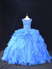 Blue Sleeveless Organza Brush Train Lace Up Quinceanera Dresses for Sweet 16 and Quinceanera