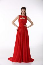 Charming Chiffon Sweetheart Sleeveless Brush Train Zipper Ruching Prom Dresses in Red