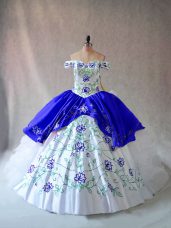 Blue And White Sweet 16 Dresses Sweet 16 and Quinceanera with Embroidery and Ruffles Off The Shoulder Sleeveless Lace Up