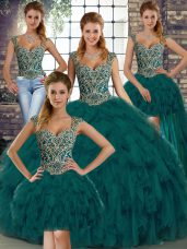Sophisticated Floor Length Peacock Green 15th Birthday Dress Organza Sleeveless Beading and Ruffles