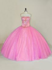 Pink Lace Up Quince Ball Gowns Beading Sleeveless Floor Length