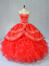 Pretty Red Ball Gowns Sweetheart Sleeveless Organza Floor Length Side Zipper Embroidery and Ruffles Sweet 16 Dresses