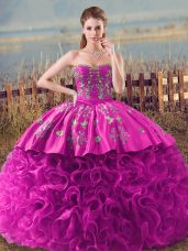 Sumptuous Fuchsia Sleeveless Fabric With Rolling Flowers Brush Train Lace Up 15th Birthday Dress for Sweet 16 and Quinceanera