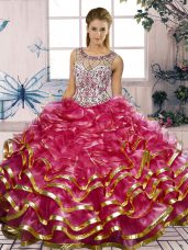 Charming Fuchsia Sleeveless Organza Lace Up Sweet 16 Quinceanera Dress for Military Ball and Sweet 16 and Quinceanera