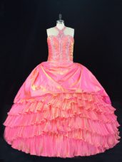 Pink Halter Top Neckline Beading and Ruffled Layers Quinceanera Dresses Sleeveless Lace Up