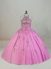 Simple Ball Gowns Sleeveless Rose Pink 15th Birthday Dress Brush Train Lace Up
