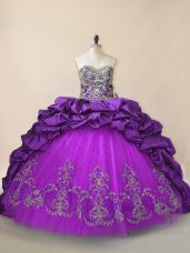 Sleeveless Beading and Pick Ups Lace Up Quinceanera Gown with Purple Brush Train