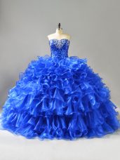 Fabulous Royal Blue Ball Gowns Organza Sweetheart Sleeveless Beading and Ruffles Lace Up Sweet 16 Dress