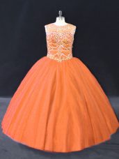 Orange Tulle Lace Up Quinceanera Gown Sleeveless Floor Length Beading