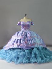 Blue Ball Gowns Off The Shoulder Sleeveless Organza Chapel Train Lace Up Ruffles Sweet 16 Quinceanera Dress