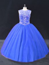 Cheap Ball Gowns Vestidos de Quinceanera Blue Scoop Tulle Sleeveless Floor Length Lace Up