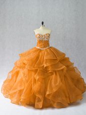 Charming Beading and Ruffles Sweet 16 Dress Orange Lace Up Sleeveless Floor Length