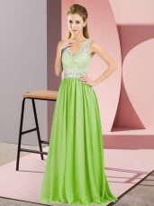 Yellow Green Sleeveless Floor Length Beading and Lace and Appliques Zipper Prom Evening Gown