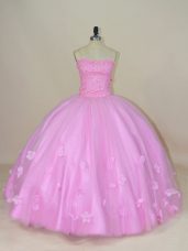 Sweetheart Sleeveless Tulle Sweet 16 Dress Beading and Hand Made Flower Lace Up