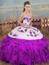 Exceptional White And Purple Lace Up Sweetheart Embroidery and Ruffles and Bowknot Quinceanera Dresses Organza Sleeveless