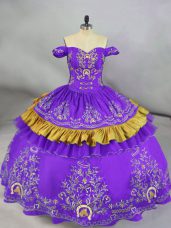 Off The Shoulder Sleeveless Lace Up 15th Birthday Dress Purple Satin
