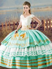 Deluxe Aqua Blue Lace Up Sweet 16 Quinceanera Dress Beading and Ruffled Layers Sleeveless Floor Length