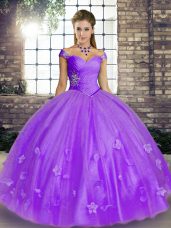 Pretty Lavender Ball Gowns Beading and Appliques Sweet 16 Dresses Lace Up Tulle Sleeveless Floor Length