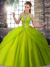 Olive Green Ball Gowns Beading and Pick Ups Sweet 16 Dresses Lace Up Tulle Sleeveless
