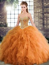 Clearance Sweetheart Sleeveless Quinceanera Dress Floor Length Beading and Ruffles Orange Tulle