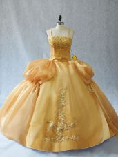 Appliques Ball Gown Prom Dress Gold Lace Up Sleeveless Floor Length