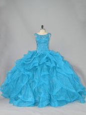 Inexpensive Aqua Blue Lace Up Quince Ball Gowns Beading and Ruffles Sleeveless Brush Train
