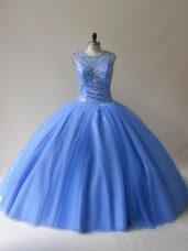 Baby Blue Sleeveless Floor Length Beading Lace Up Vestidos de Quinceanera