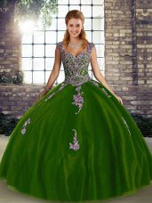 Glorious Olive Green Ball Gowns Straps Sleeveless Tulle Floor Length Lace Up Beading and Appliques Quince Ball Gowns