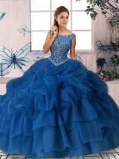 Delicate Royal Blue Sleeveless Brush Train Beading and Pick Ups Quinceanera Dresses