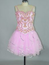 Simple Rose Pink Tulle Lace Up Cocktail Dresses Sleeveless Mini Length Beading and Ruffles