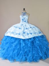 Custom Design Halter Top Sleeveless Sweet 16 Dresses Court Train Embroidery and Ruffles Blue Organza