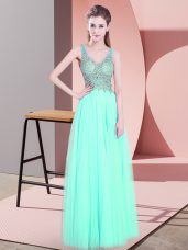 Beautiful Apple Green Empire Beading Prom Gown Zipper Tulle Sleeveless Floor Length