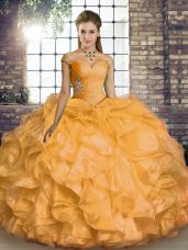 Vintage Sleeveless Floor Length Beading and Ruffles Lace Up Quinceanera Gowns with Gold