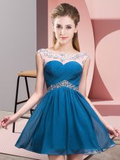 Beading Teens Party Dress Blue Backless Sleeveless Mini Length