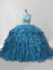 Organza Scoop Sleeveless Brush Train Zipper Beading and Ruffles Quinceanera Dresses in Blue