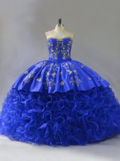 Sumptuous Sweetheart Sleeveless Quinceanera Gown Floor Length Embroidery and Ruffles Royal Blue Fabric With Rolling Flowers